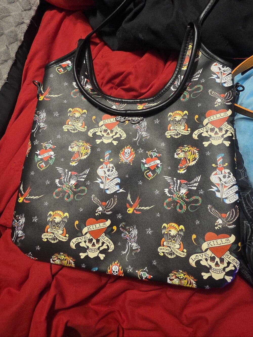 Black Ed Hardy Tattoo-Print Shoulder Bag